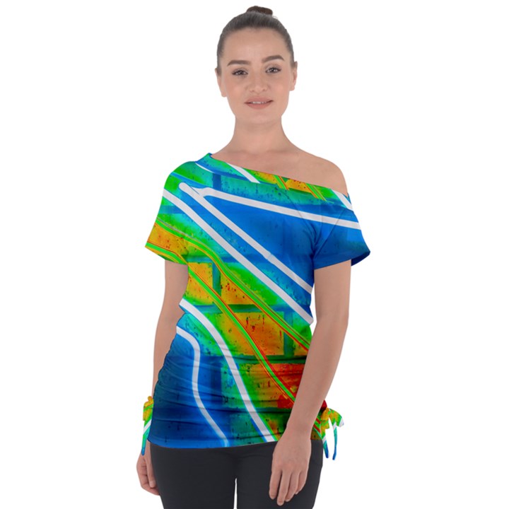 Pop Art Neon Wall Off Shoulder Tie-Up Tee