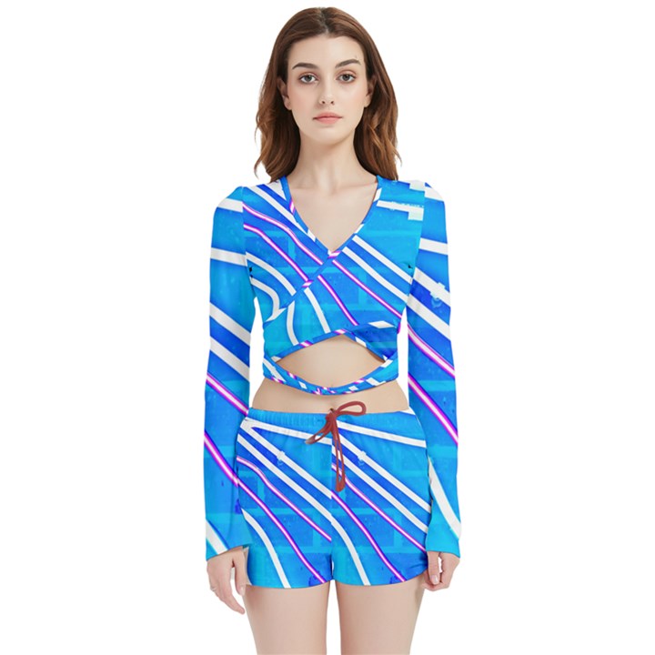 Pop Art Neon Wall Velvet Wrap Crop Top and Shorts Set