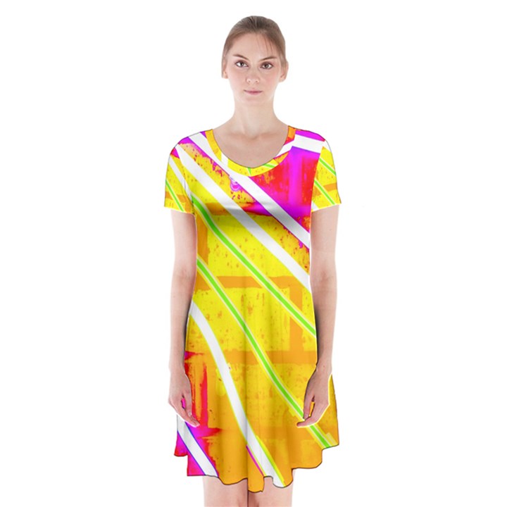 Pop Art Neon Wall Short Sleeve V-neck Flare Dress