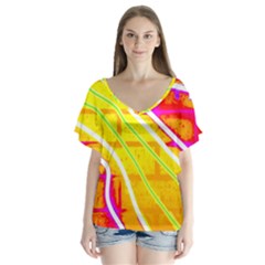 Pop Art Neon Wall V-neck Flutter Sleeve Top by essentialimage365