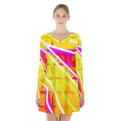 Pop Art Neon Wall Long Sleeve Velvet V-neck Dress by essentialimage365