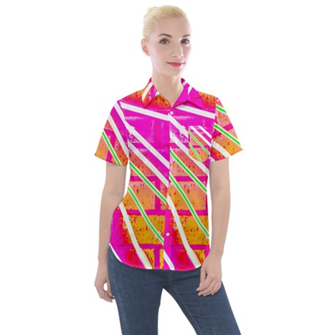 Pop Art Neon Wall Women s Short Sleeve Pocket Shirt by essentialimage365