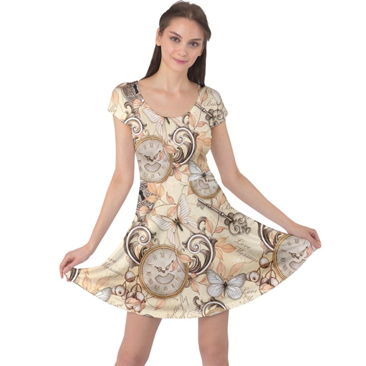 Clock Butterfly Pattern Cap Sleeve Dress