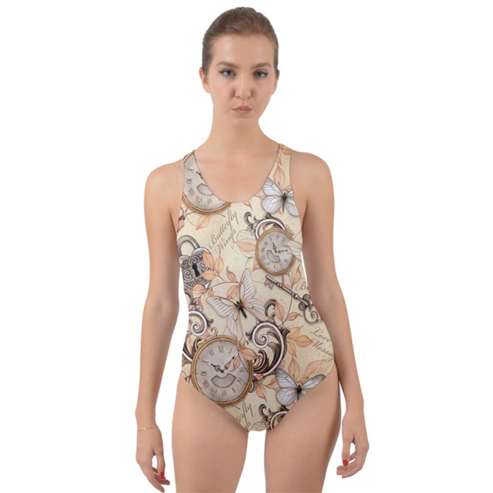 Clock Butterfly Pattern Cut-Out Back One Piece Swimsuit