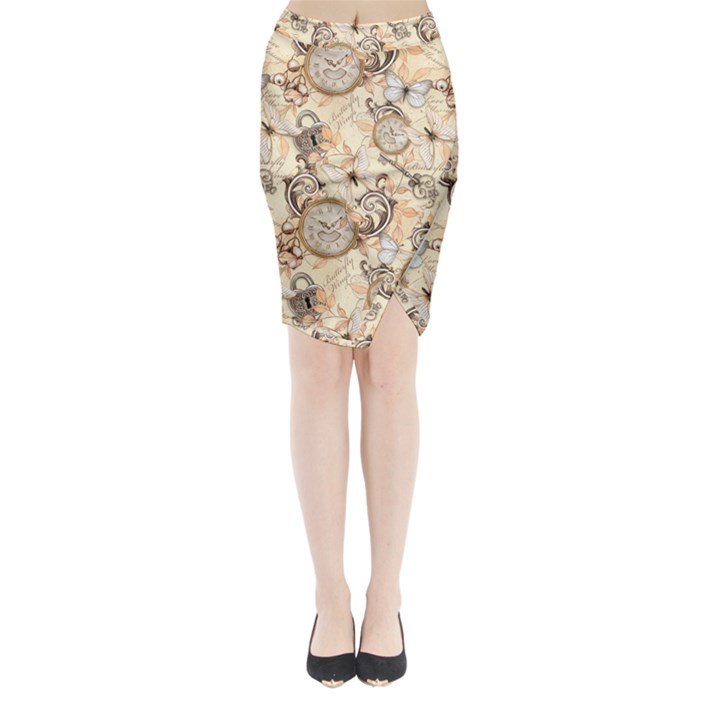 Clock Butterfly Pattern Midi Wrap Pencil Skirt