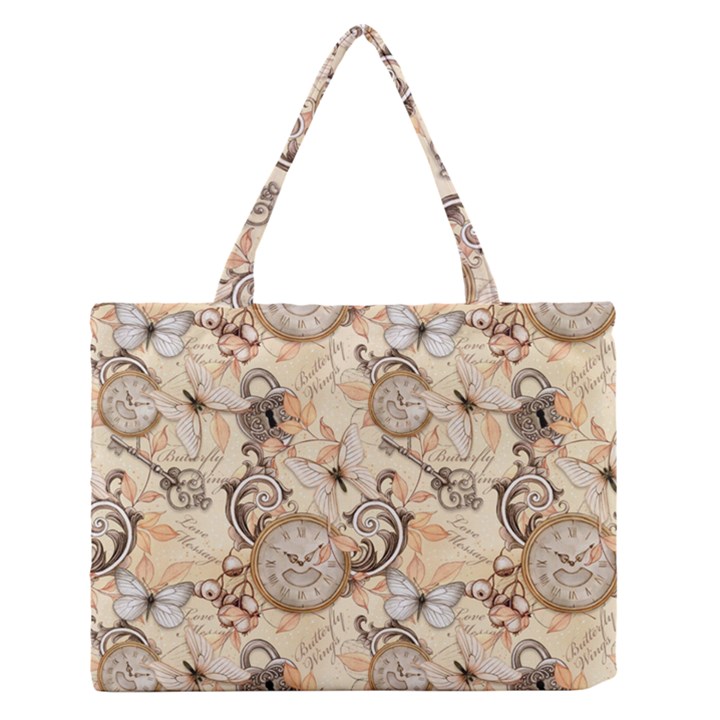 Clock Butterfly Pattern Zipper Medium Tote Bag