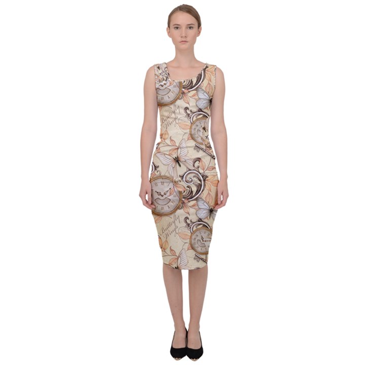 Clock Butterfly Pattern Sleeveless Pencil Dress