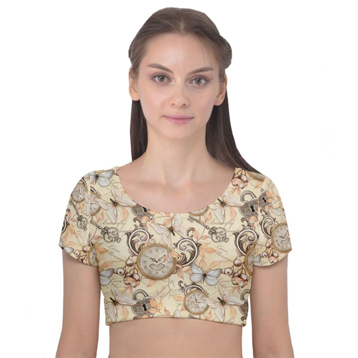 Clock Butterfly Pattern Velvet Short Sleeve Crop Top 