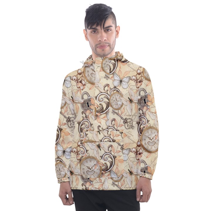 Clock Butterfly Pattern Men s Front Pocket Pullover Windbreaker