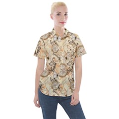 Clock Butterfly Pattern Women s Short Sleeve Pocket Shirt