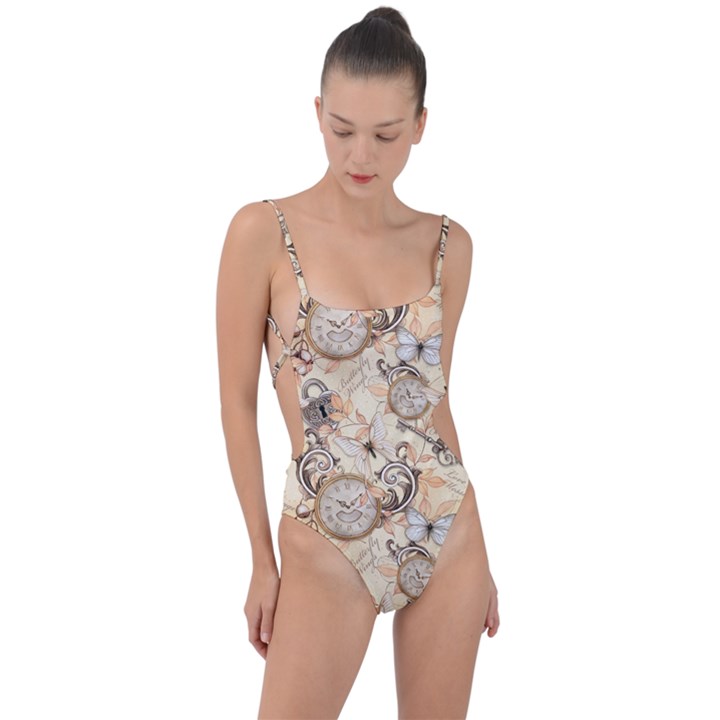 Clock Butterfly Pattern Tie Strap One Piece Swimsuit