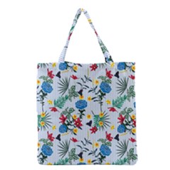 Blue Floral Stripes Grocery Tote Bag by designsbymallika