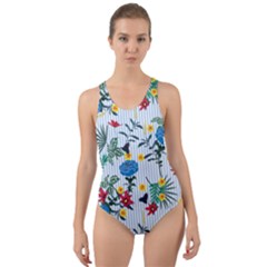 Blue Floral Stripes Cut-out Back One Piece Swimsuit by designsbymallika