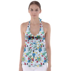 Blue Floral Stripes Babydoll Tankini Top by designsbymallika