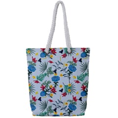 Blue Floral Stripes Full Print Rope Handle Tote (small) by designsbymallika