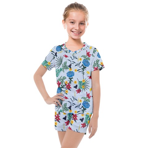 Blue Floral Stripes Kids  Mesh Tee And Shorts Set by designsbymallika