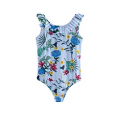 Blue Floral Stripes Kids  Frill Swimsuit by designsbymallika