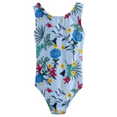 Blue Floral Stripes Kids  Cut-out Back One Piece Swimsuit by designsbymallika