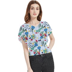 Blue Floral Stripes Butterfly Chiffon Blouse