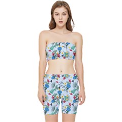 Blue Floral Stripes Stretch Shorts And Tube Top Set