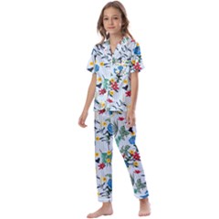 Blue Floral Stripes Kids  Satin Short Sleeve Pajamas Set by designsbymallika