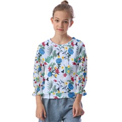 Blue Floral Stripes Kids  Cuff Sleeve Top