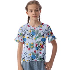 Blue Floral Stripes Kids  Cuff Sleeve Scrunch Bottom Tee