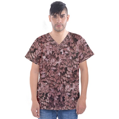 Red Leaves Photo Pattern Men s V-neck Scrub Top by dflcprintsclothing