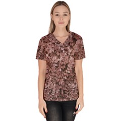 Red Leaves Photo Pattern Women s V-neck Scrub Top by dflcprintsclothing