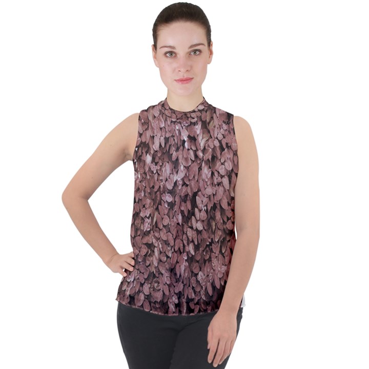 Red Leaves Photo Pattern Mock Neck Chiffon Sleeveless Top