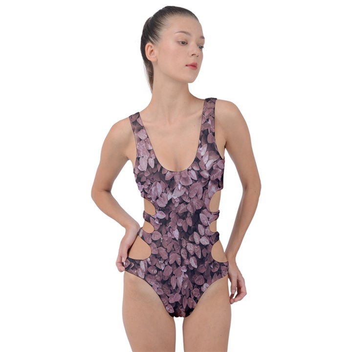 Red Leaves Photo Pattern Side Cut Out Swimsuit