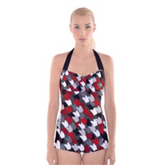 Abstract paint splashes, mixed colors, black, red, white Boyleg Halter Swimsuit 