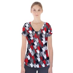 Abstract Paint Splashes, Mixed Colors, Black, Red, White Short Sleeve Front Detail Top by Casemiro