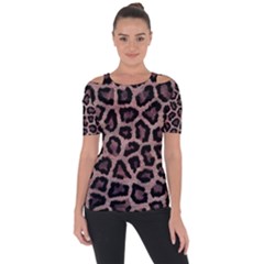 Realistic Leopard Fur Pattern, Brown, Black Spots Shoulder Cut Out Short Sleeve Top by Casemiro