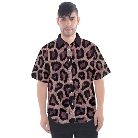 Realistic Leopard Fur Pattern, Brown, Black Spots Men s Short Sleeve Shirt by Casemiro