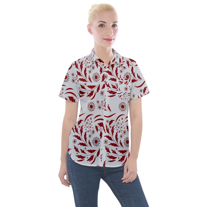 Folk flowers art pattern Floral abstract surface design  Seamless pattern Women s Short Sleeve Pocket Shirt