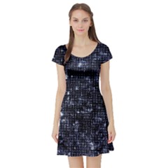 Geometric Dark Blue Abstract Print Pattern Short Sleeve Skater Dress