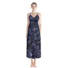 Geometric Dark Blue Abstract Print Pattern Button Up Chiffon Maxi Dress