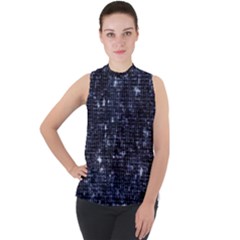 Geometric Dark Blue Abstract Print Pattern Mock Neck Chiffon Sleeveless Top by dflcprintsclothing