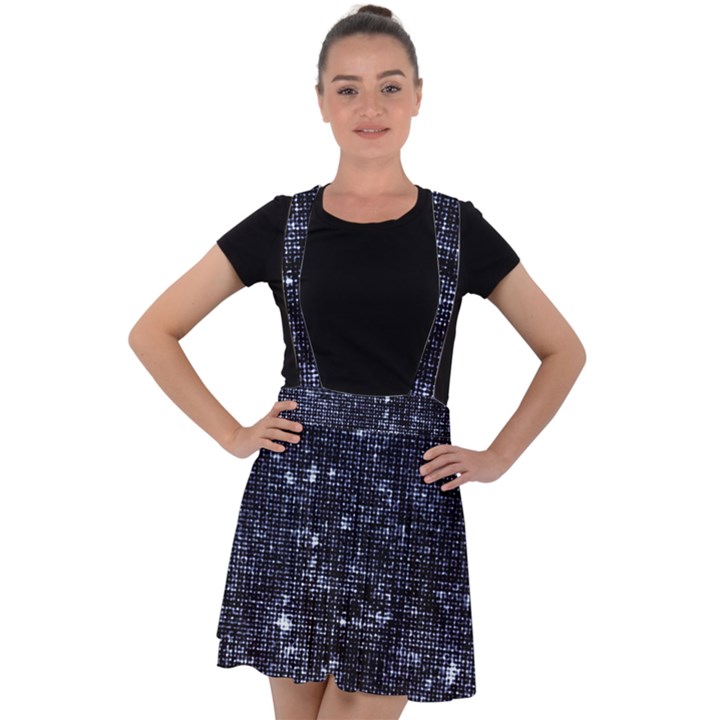 Geometric Dark Blue Abstract Print Pattern Velvet Suspender Skater Skirt