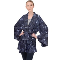 Geometric Dark Blue Abstract Print Pattern Long Sleeve Velvet Kimono 