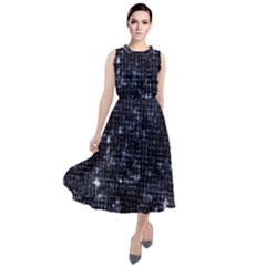 Geometric Dark Blue Abstract Print Pattern Round Neck Boho Dress