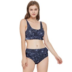 Geometric Dark Blue Abstract Print Pattern Frilly Bikini Set