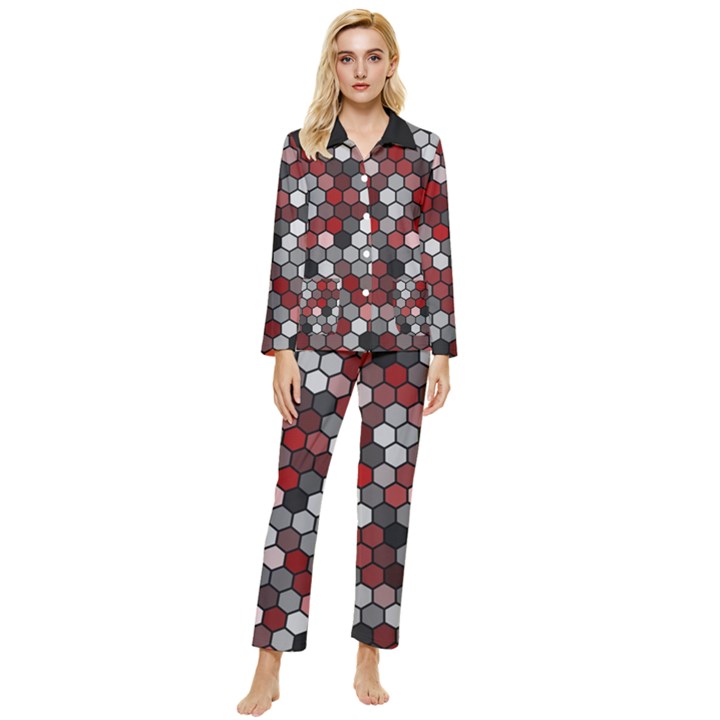 Hexagonal blocks pattern, mixed colors Womens  Long Sleeve Pocket Pajamas Set