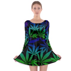 Weed Rainbow, Ganja Leafs Pattern In Colors, 420 Marihujana Theme Long Sleeve Skater Dress by Casemiro