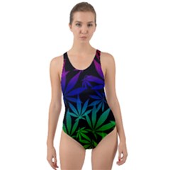 Weed Rainbow, Ganja Leafs Pattern In Colors, 420 Marihujana Theme Cut-out Back One Piece Swimsuit by Casemiro