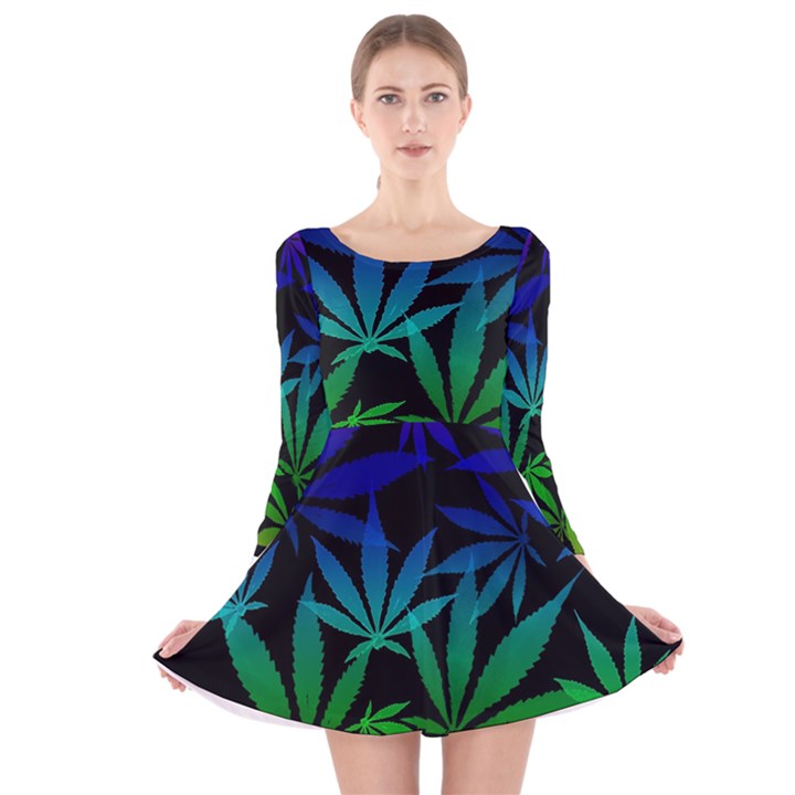 Weed Rainbow, Ganja leafs pattern in colors, 420 marihujana theme Long Sleeve Velvet Skater Dress