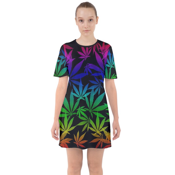 Weed Rainbow, Ganja leafs pattern in colors, 420 marihujana theme Sixties Short Sleeve Mini Dress