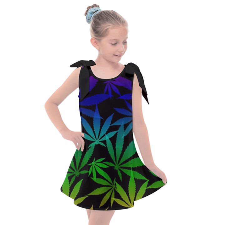 Weed Rainbow, Ganja leafs pattern in colors, 420 marihujana theme Kids  Tie Up Tunic Dress