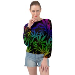 Weed Rainbow, Ganja Leafs Pattern In Colors, 420 Marihujana Theme Banded Bottom Chiffon Top by Casemiro